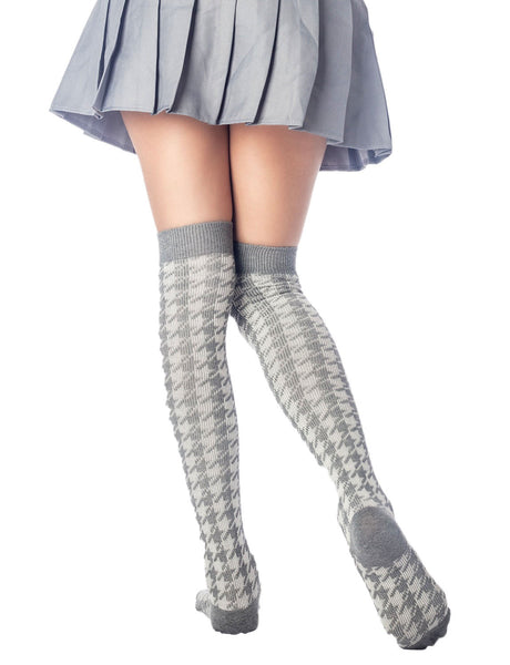 Women's Houndstooth Pattern Stylish Solid Color Hold-up Thigh High Casual Long Socks