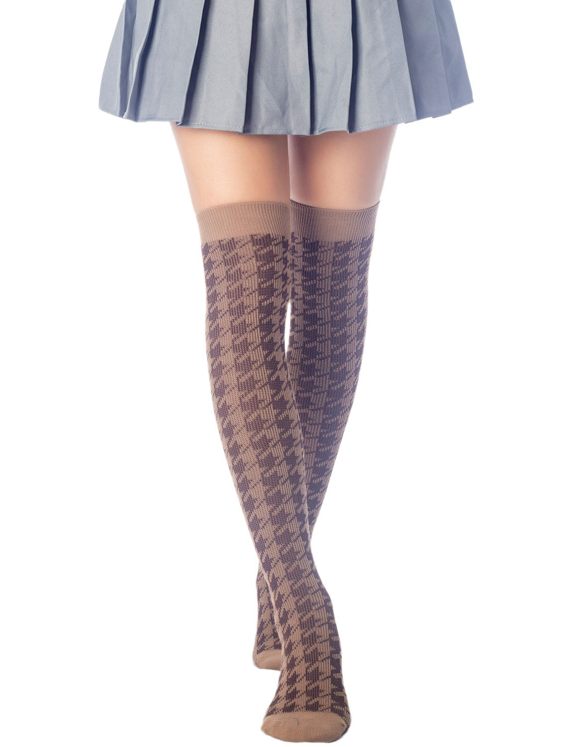Women's Houndstooth Pattern Stylish Solid Color Hold-up Thigh High Long Socks