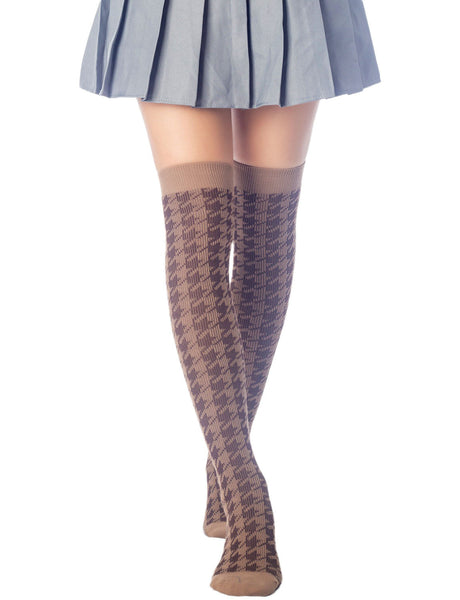 Women's Houndstooth Pattern Stylish Solid Color Hold-up Thigh High Long Socks