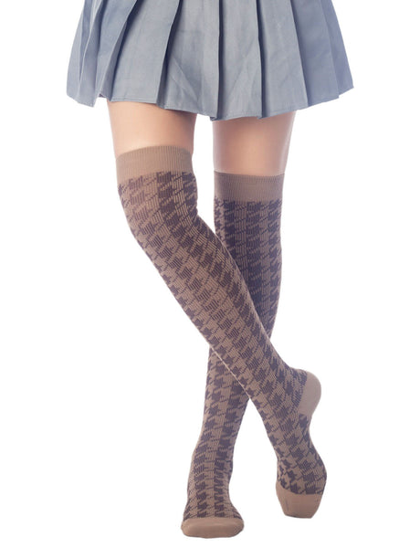 Women's Houndstooth Pattern Stylish Solid Color Hold-up Thigh High Casual Long Socks