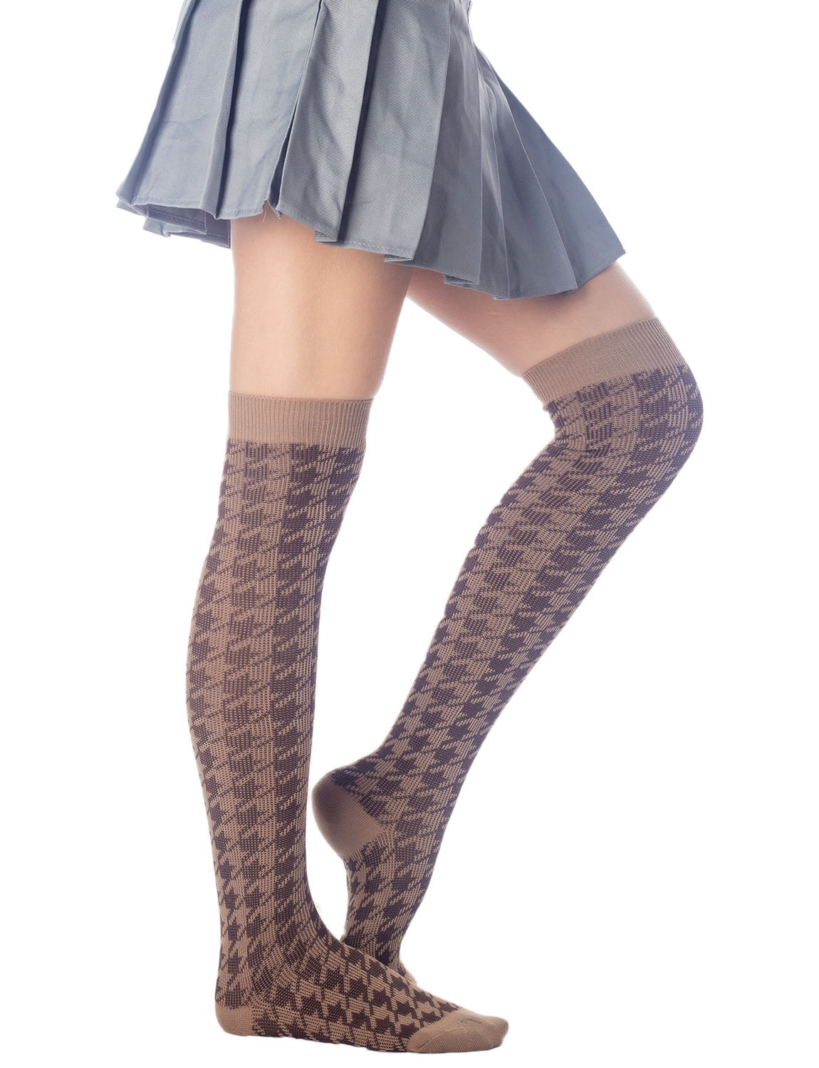 Women's Houndstooth Pattern Stylish Solid Color Hold-up Thigh High Long Socks