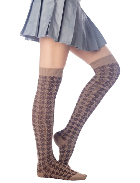 Women's Houndstooth Pattern Stylish Solid Color Hold-up Thigh High Long Socks