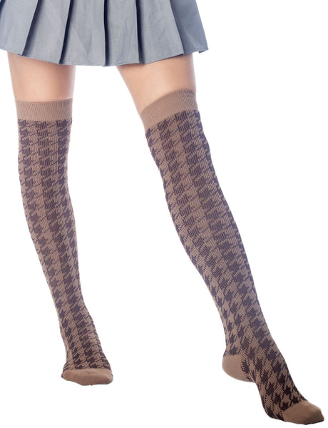 Women's Houndstooth Pattern Stylish Solid Color Hold-up Thigh High Long Socks