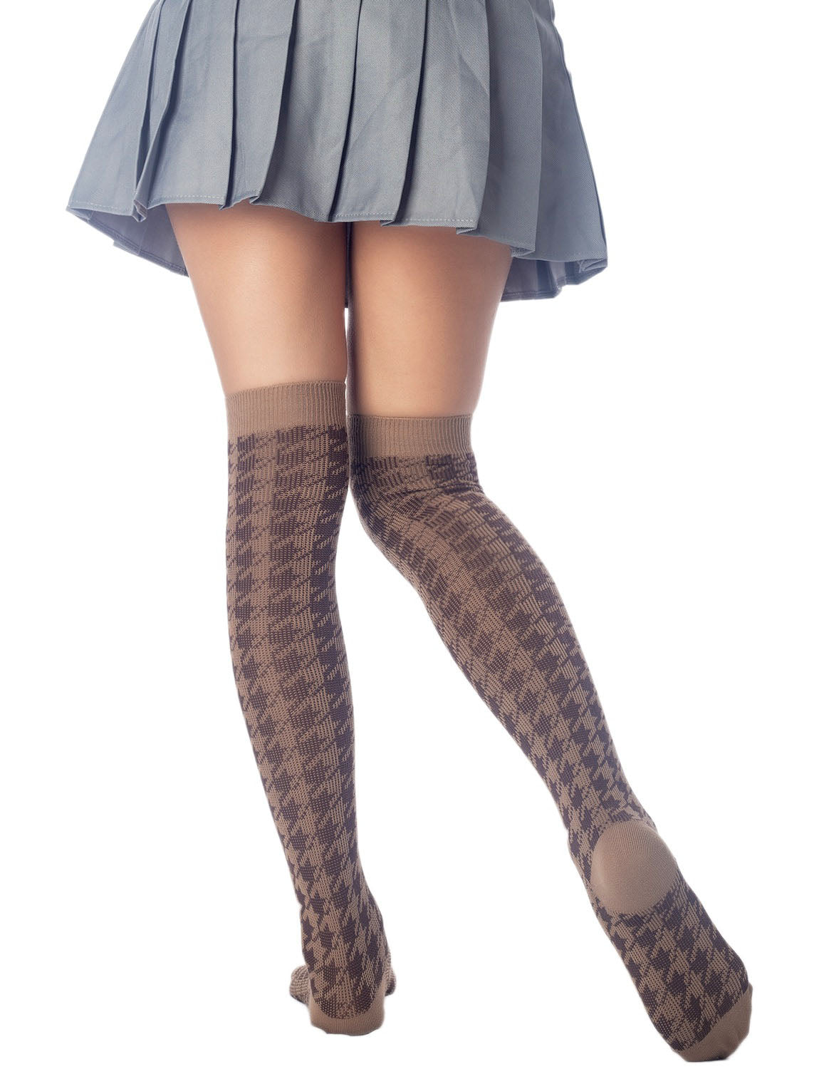 Women's Houndstooth Pattern Stylish Solid Color Hold-up Thigh High Long Socks