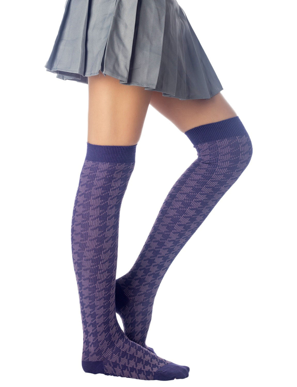 Women's Houndstooth Pattern Stylish Solid Color Hold-up Thigh High Long Socks