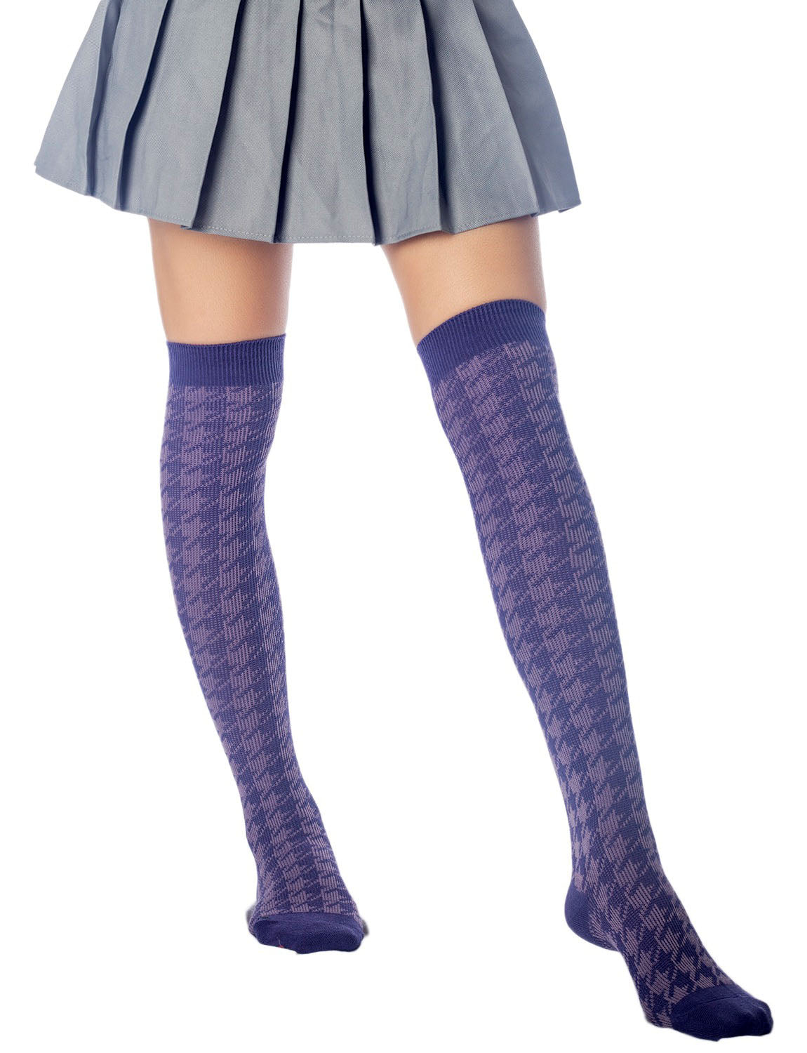 Women's Houndstooth Pattern Stylish Solid Color Hold-up Thigh High Long Socks