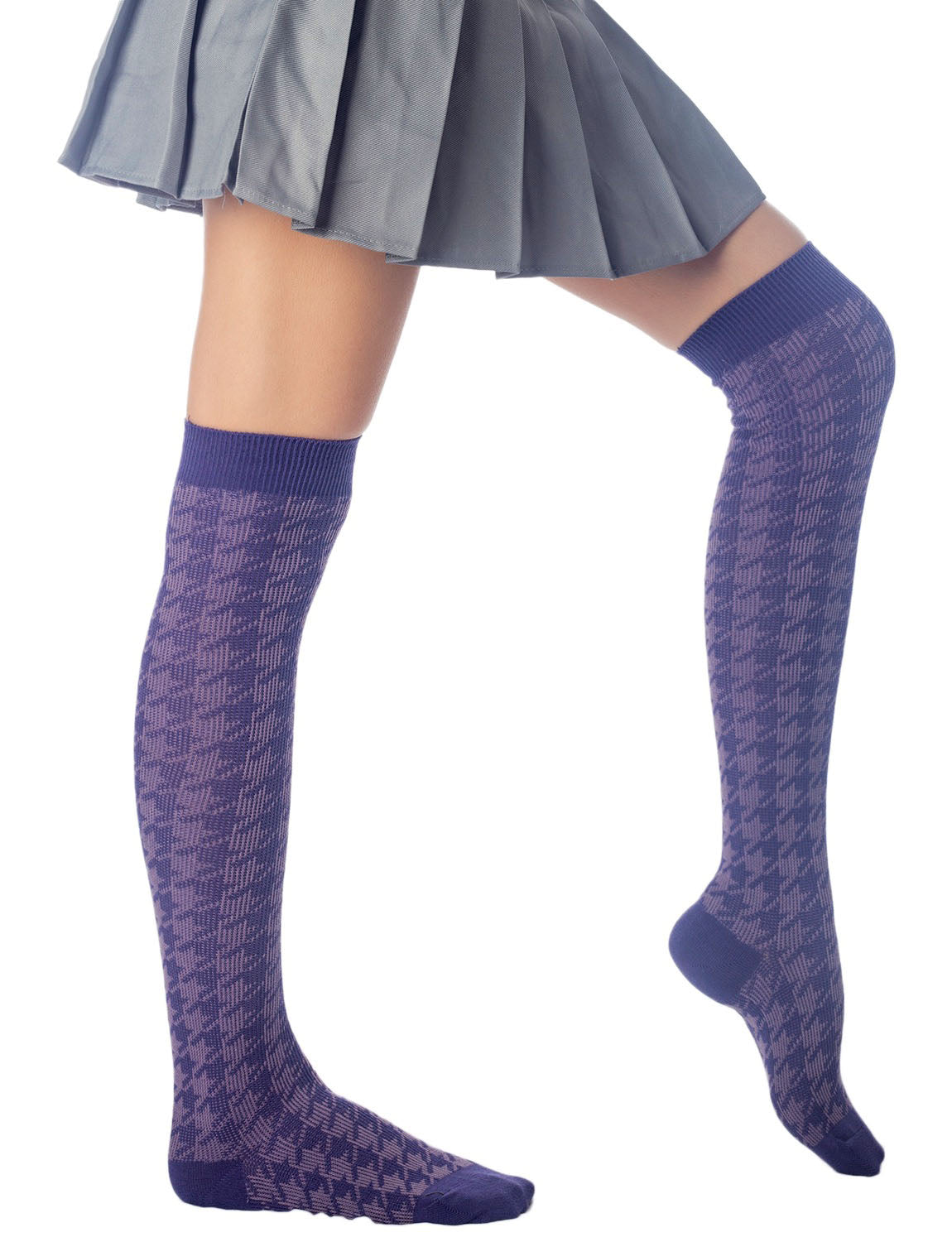 Women's Houndstooth Pattern Stylish Solid Color Hold-up Thigh High Long Socks