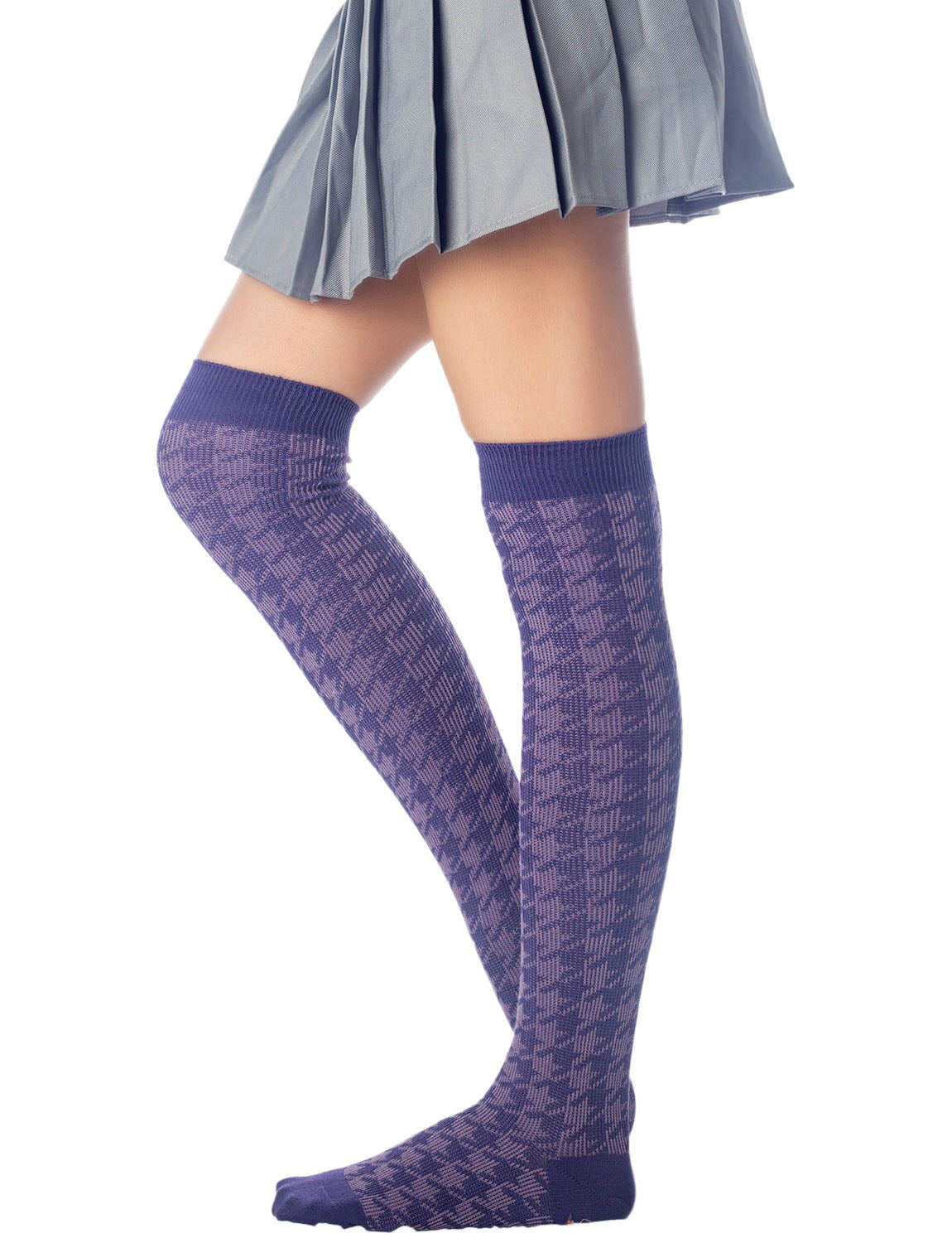 Women's Houndstooth Pattern Stylish Solid Color Hold-up Thigh High Long Socks