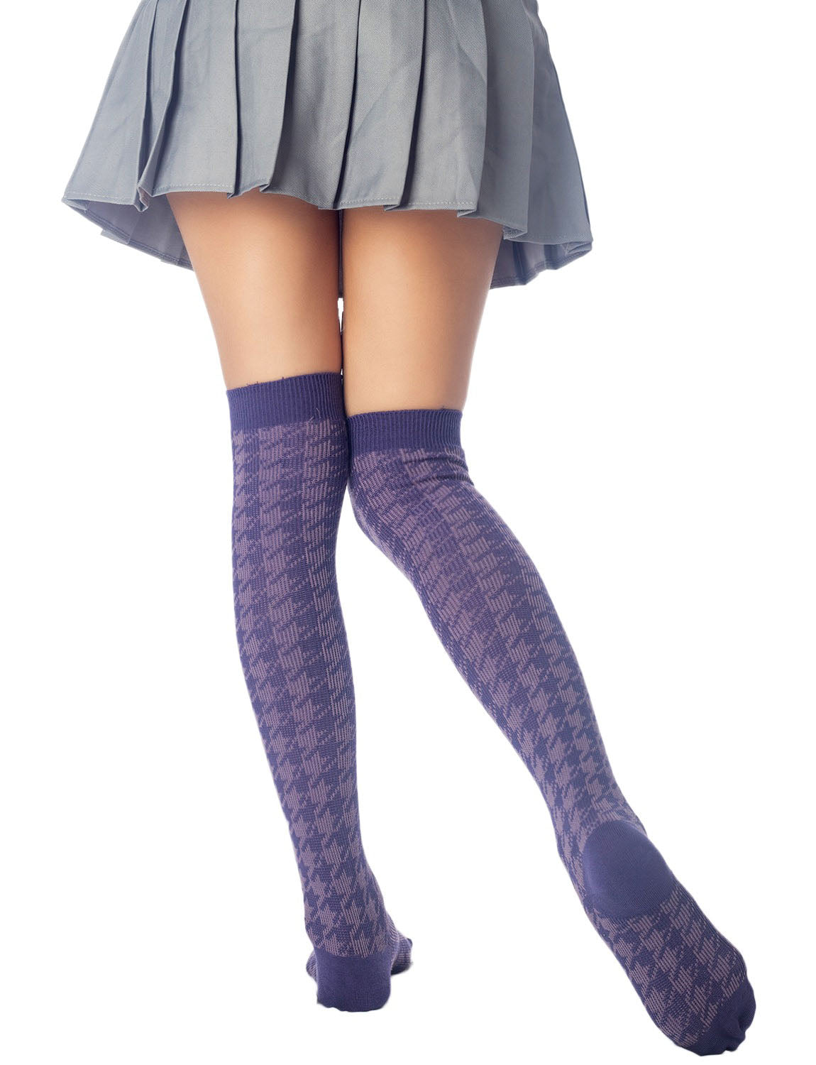 Women's Houndstooth Pattern Stylish Solid Color Hold-up Thigh High Casual Long Socks