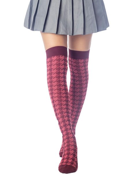 Women's Houndstooth Pattern Stylish Solid Color Hold-up Thigh High Long Socks