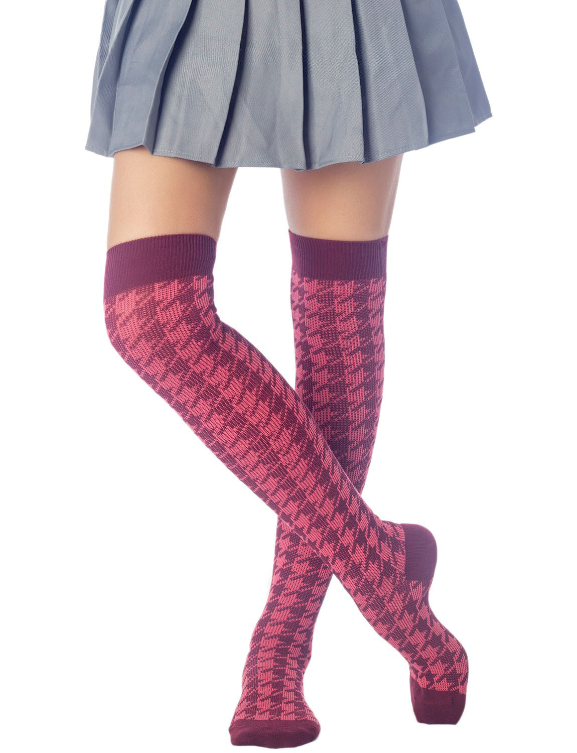 Women's Houndstooth Pattern Stylish Solid Color Hold-up Thigh High Long Socks