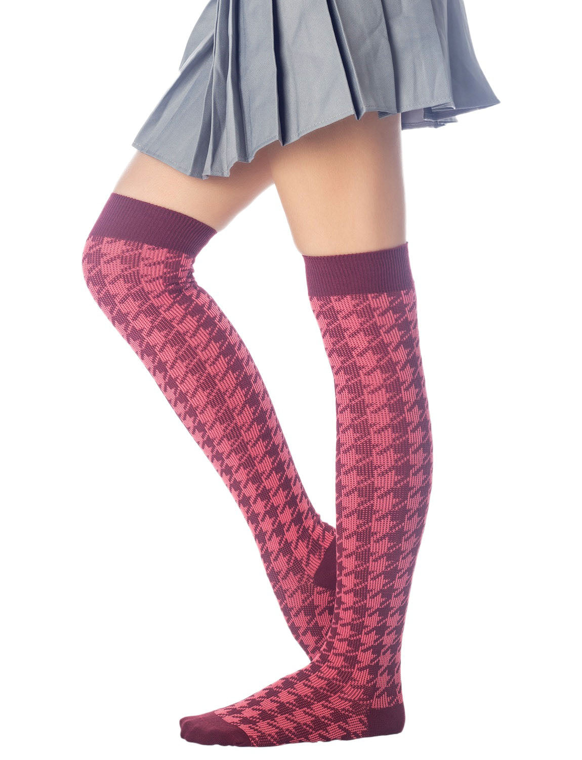 Women's Houndstooth Pattern Stylish Solid Color Hold-up Thigh High Long Socks