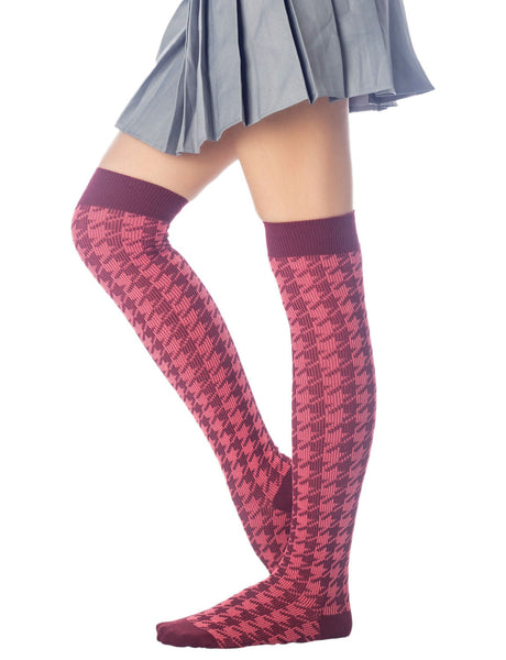 Women's Houndstooth Pattern Stylish Solid Color Hold-up Thigh High Long Socks