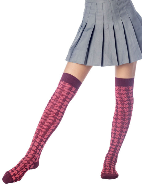 Women's Houndstooth Pattern Stylish Solid Color Hold-up Thigh High Long Socks