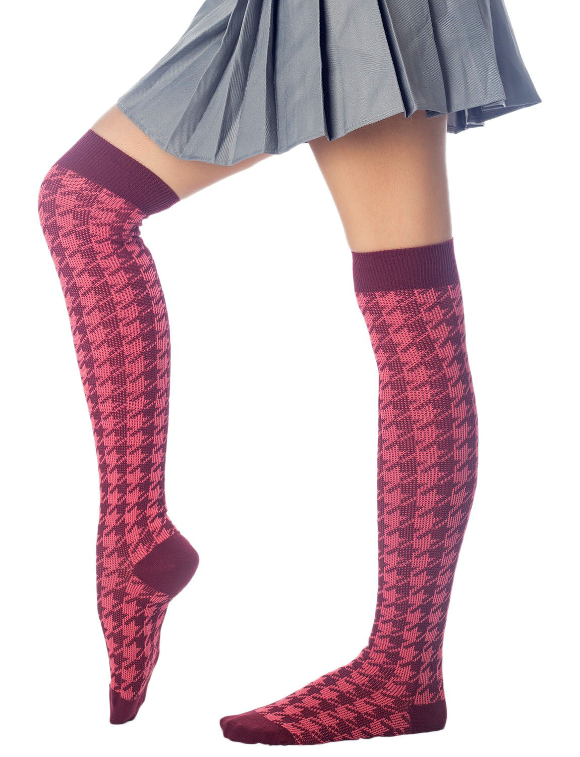 Women's Houndstooth Pattern Stylish Solid Color Hold-up Thigh High Long Socks
