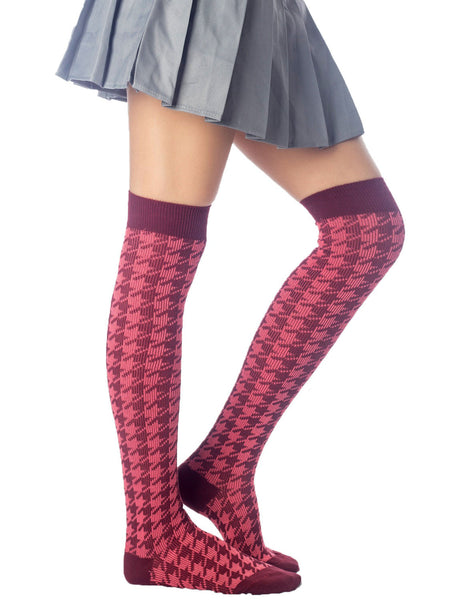 Women's Houndstooth Pattern Stylish Solid Color Hold-up Thigh High Long Socks