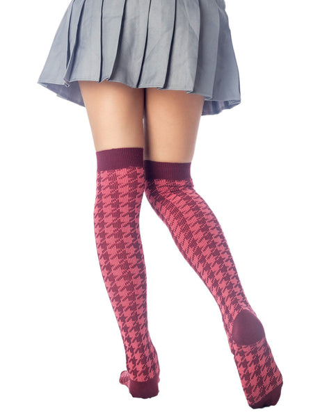 Women's Houndstooth Pattern Stylish Solid Color Hold-up Thigh High Long Socks