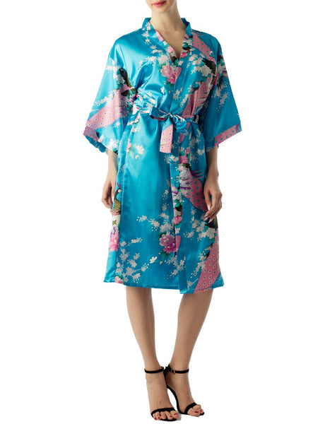 Women's Peacock And Plum Blossom Fashion Japanese Kimono Style Midi Robe