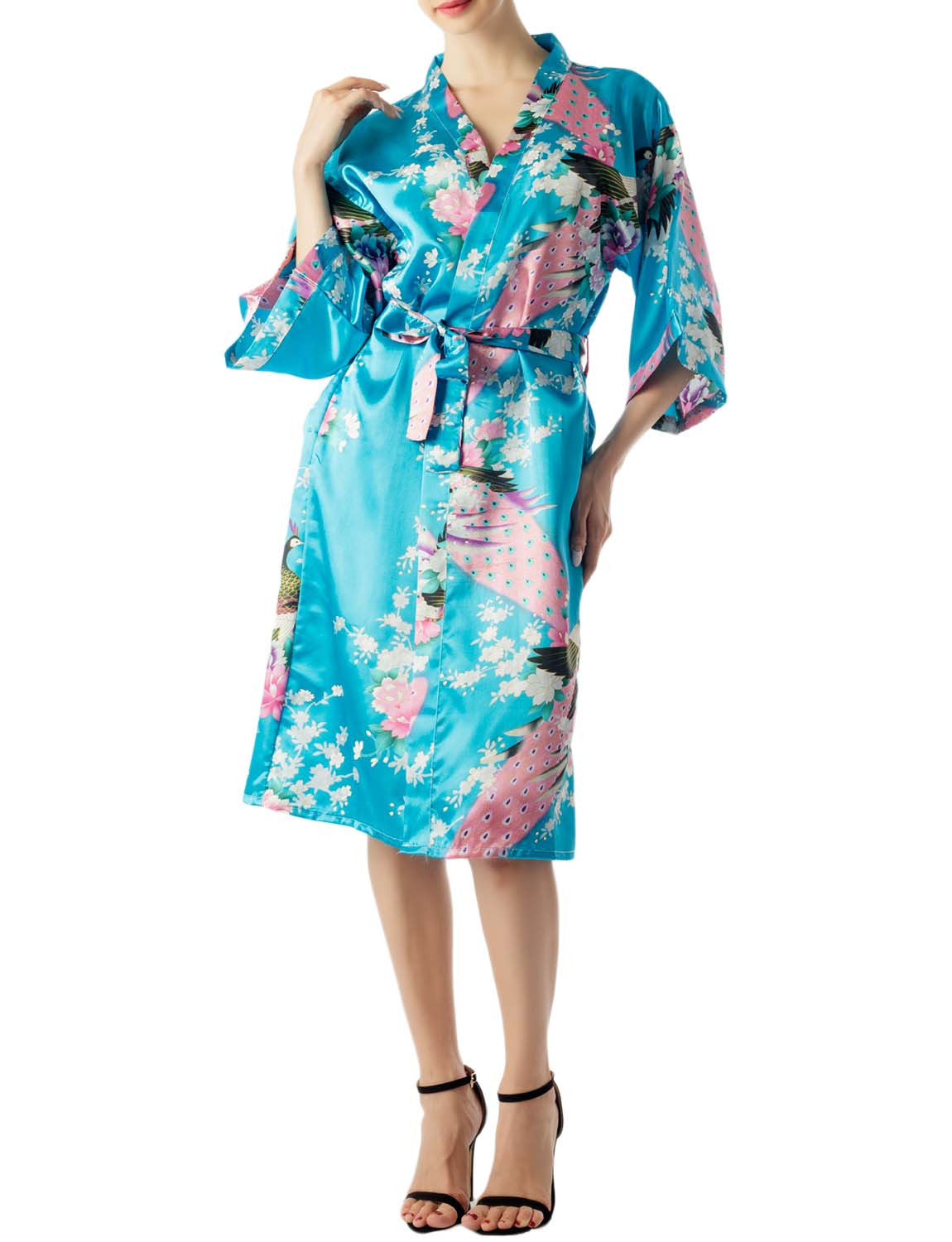 Women's Peacock And Plum Blossom Fashion Japanese Kimono Style Midi Robe