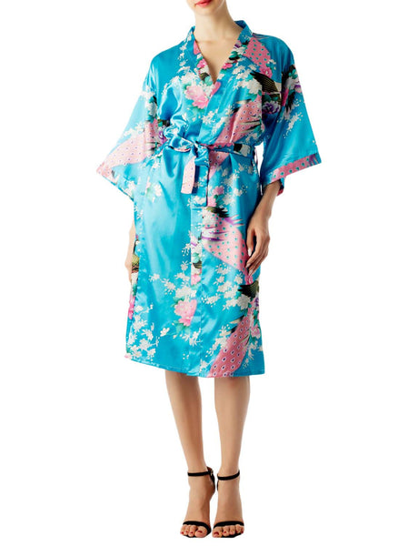 Women's Peacock And Plum Blossom Fashion Japanese Kimono Style Midi Robe