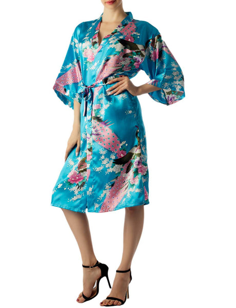 Women's Peacock And Plum Blossom Fashion Japanese Kimono Style Midi Robe