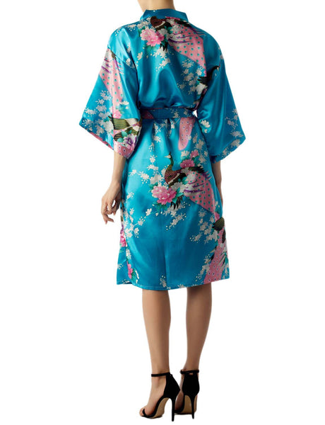 Women's Peacock And Plum Blossom Fashion Japanese Kimono Style Midi Robe