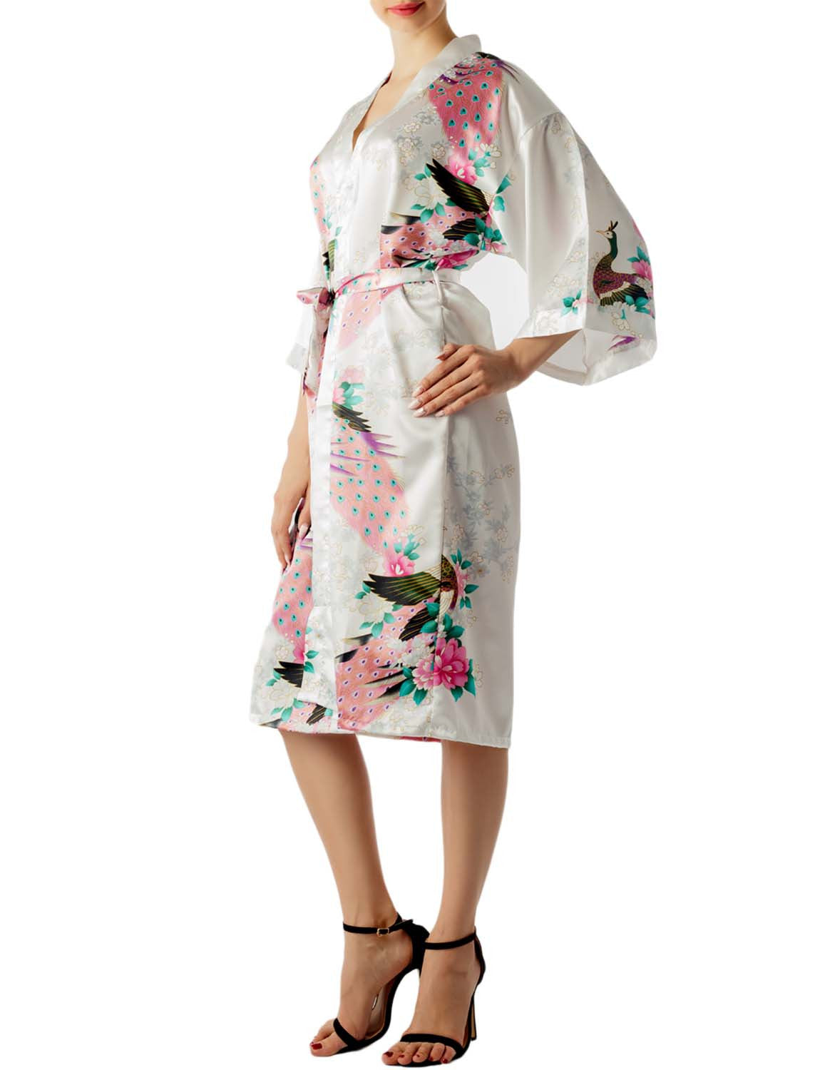 Women's Peacock And Plum Blossom Fashion Japanese Kimono Style Midi Robe