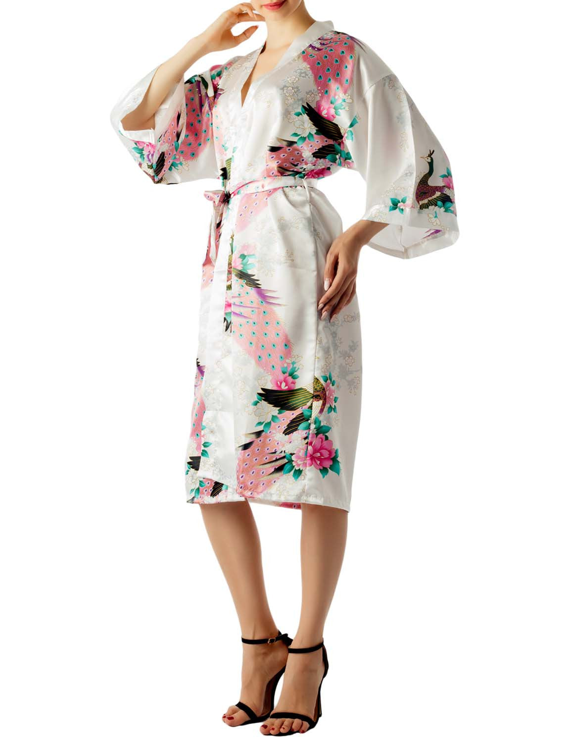 Women's Peacock And Plum Blossom Fashion Japanese Kimono Style Midi Robe