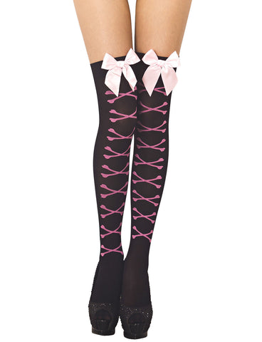 iB-iP Women's Bones Tied Up Patterned Seamless Punk Thigh High Hold-up Stockings