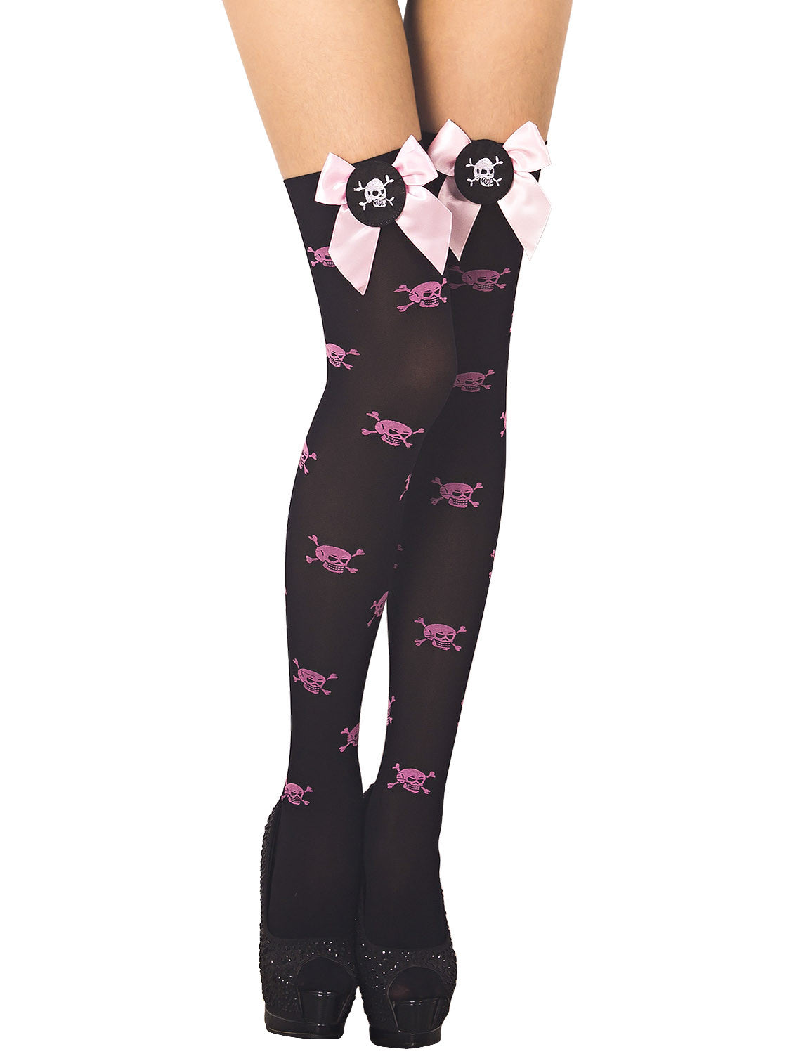 Women's Evil Skull Bowknot Seamless Punk Goth Thigh High Hold-up Stockings