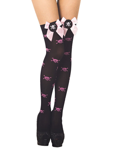 iB-iP Women's Evil Skull Bowknot Seamless Punk Goth Thigh High Hold-up Stockings