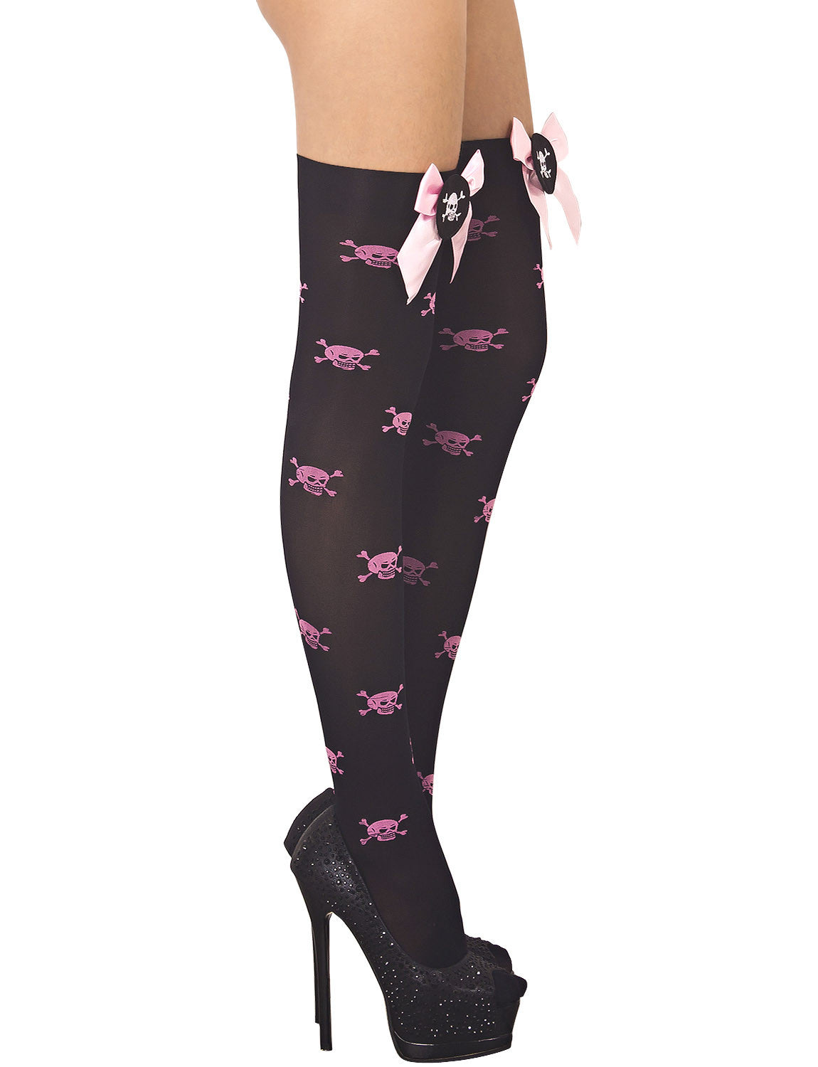 Women's Evil Skull Bowknot Seamless Punk Goth Thigh High Hold-up Stockings