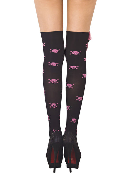 Women's Evil Skull Bowknot Seamless Punk Goth Thigh High Hold-up Stockings
