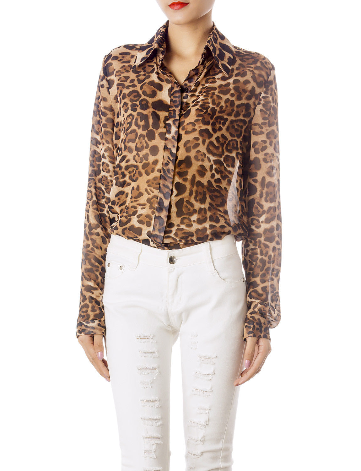 Women's Sheer Tulle Leopard Prints Long Sleeves Button Down Spread Shirt