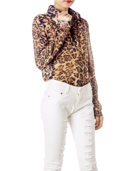 Women's Sheer Tulle Leopard Prints Long Sleeves Button Down Spread Shirt