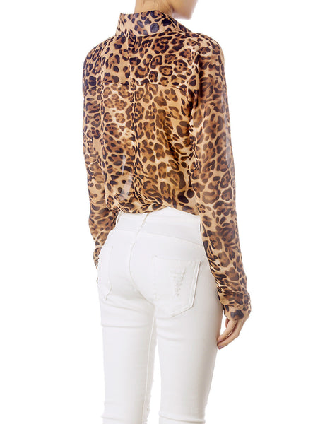 Women's Sheer Tulle Leopard Prints Long Sleeves Button Down Spread Shirt