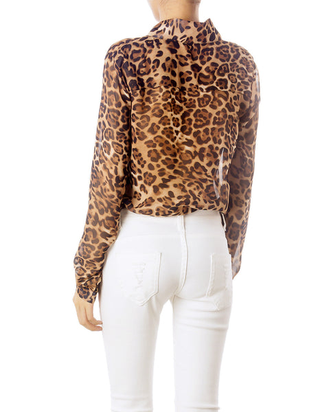 Women's Sheer Tulle Leopard Prints Long Sleeves Button Down Spread Shirt