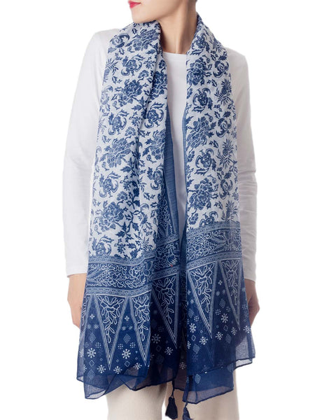 Women's Blue-white Porcelain Print Gorgeous Lightweight Long Fashion Scarf