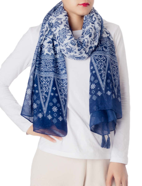 Women's Blue-white Porcelain Print Gorgeous Lightweight Long Fashion Scarf