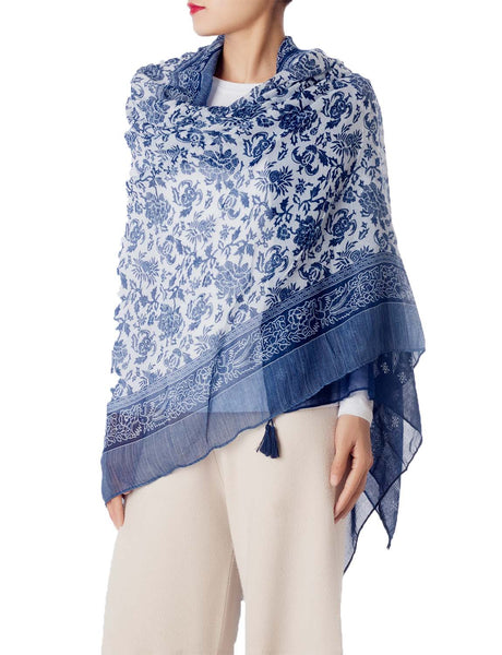 Women's Blue-white Porcelain Print Gorgeous Lightweight Long Fashion Scarf