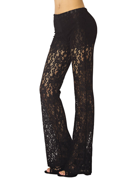 Women's Eyelet Lace Crochet Slim Fit And Flare Wide Leg Low Waist Trouser