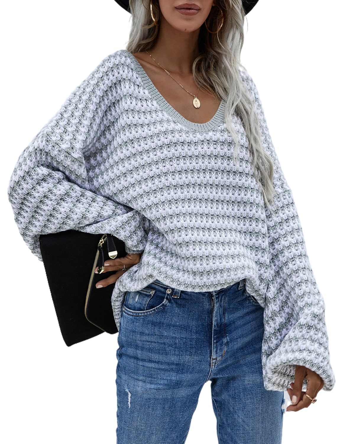Women's Dropped Shoulder Loose Casual Long Sleeve Pullover Sweater Cozy Top