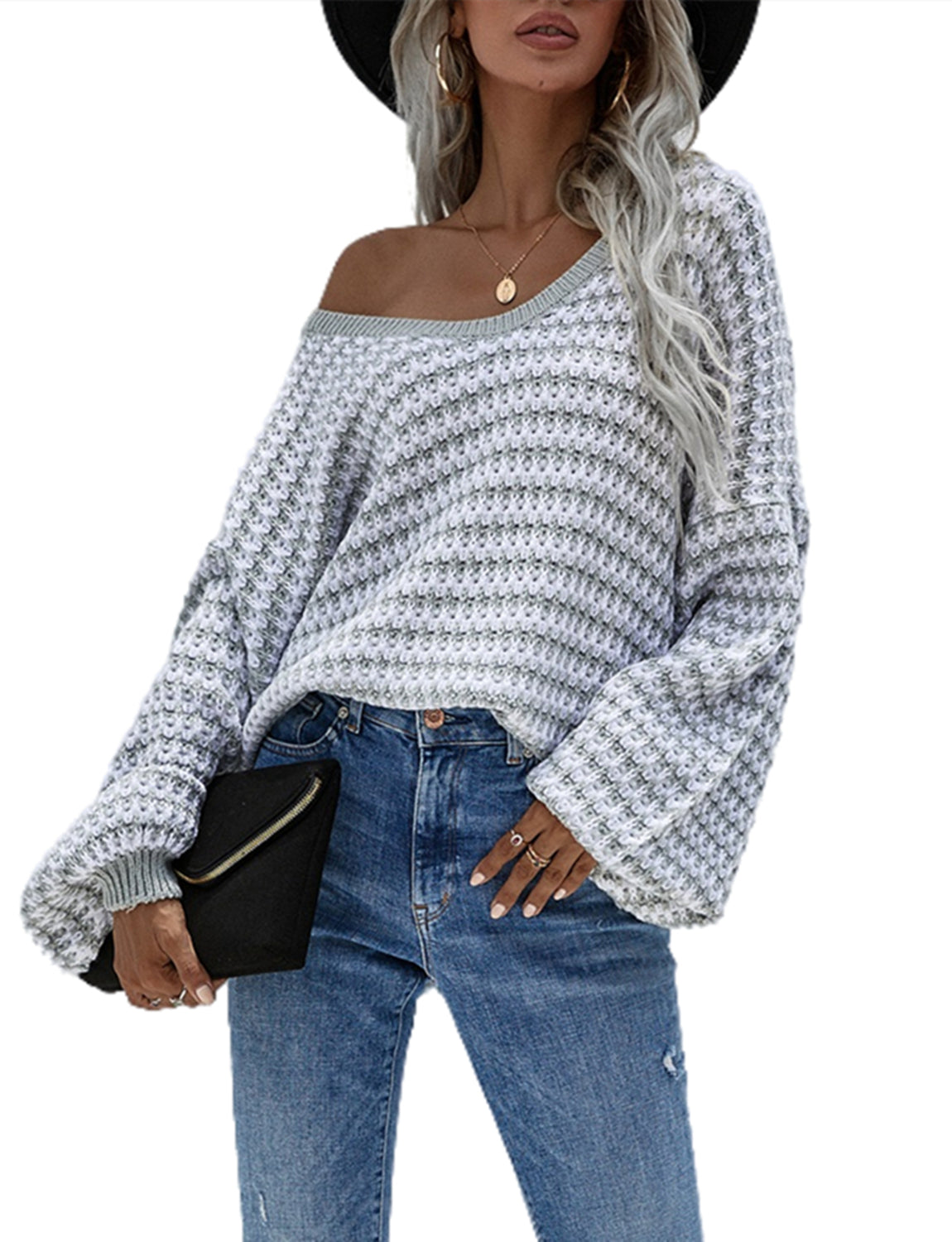 Women's Dropped Shoulder Loose Casual Long Sleeve Pullover Sweater Cozy Top