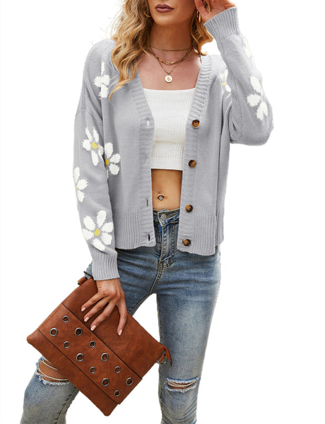 Women's Short Floral Cardigan Sweater Loose Cozy Casual Long Sleeve Top