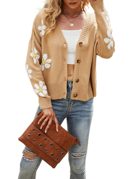 Women's Short Floral Cardigan Sweater Loose Cozy Casual Long Sleeve Top