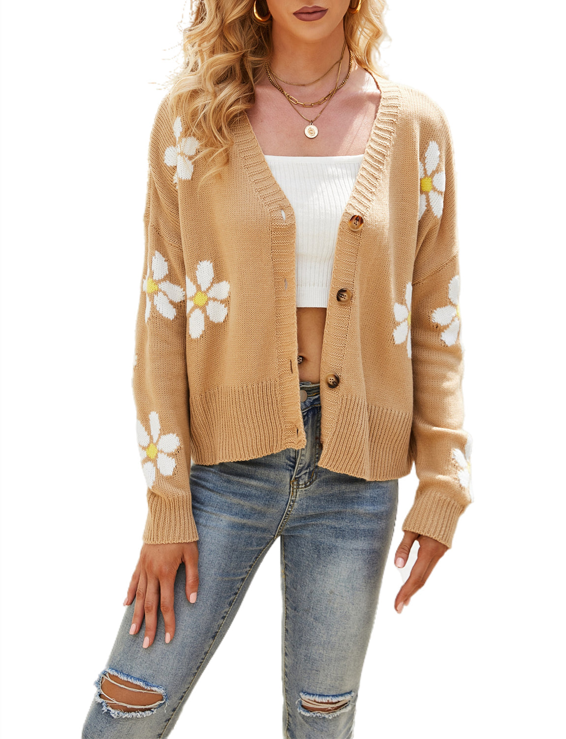 Women's Short Floral Cardigan Sweater Loose Cozy Casual Long Sleeve Top